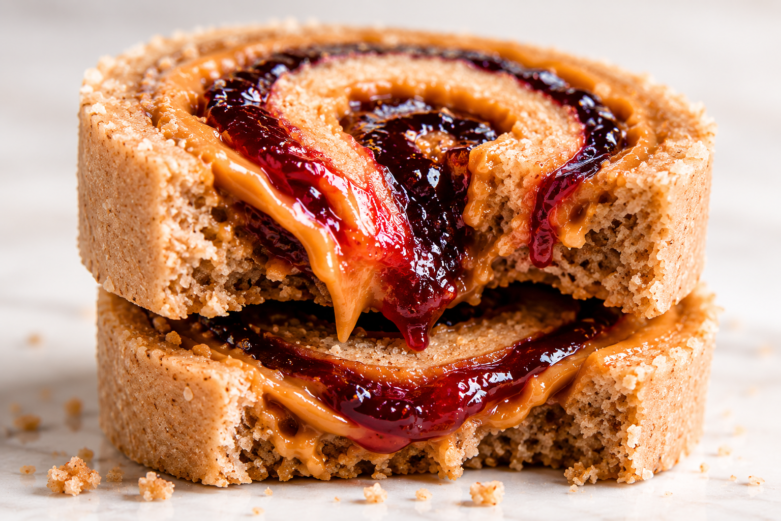 Close-up of stacked SuperRolls with peanut butter and jelly