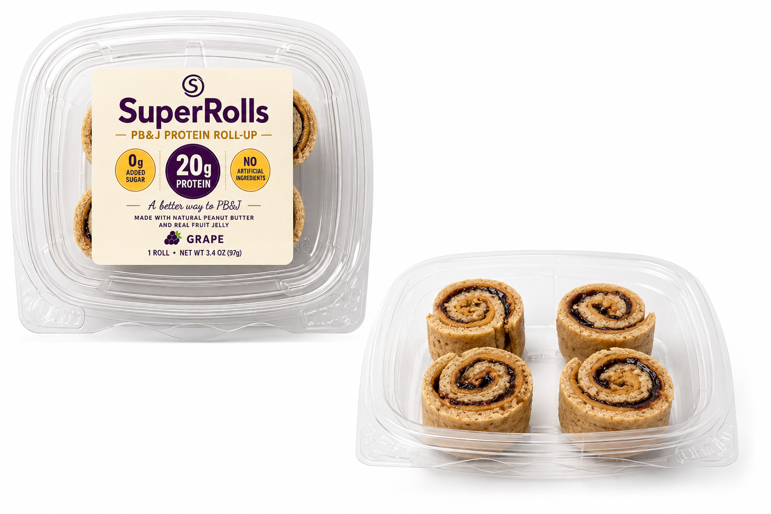 SuperRolls package and four PB&J roll-ups in a clear container